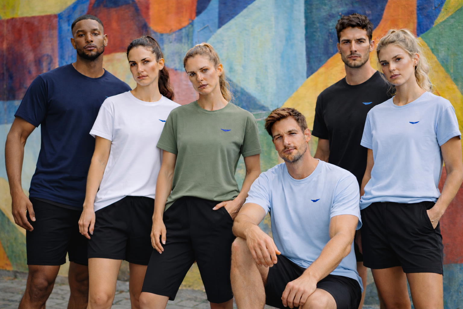 Group of six young adults wearing casual t-shirts and shorts, standing against a colorful mural background.