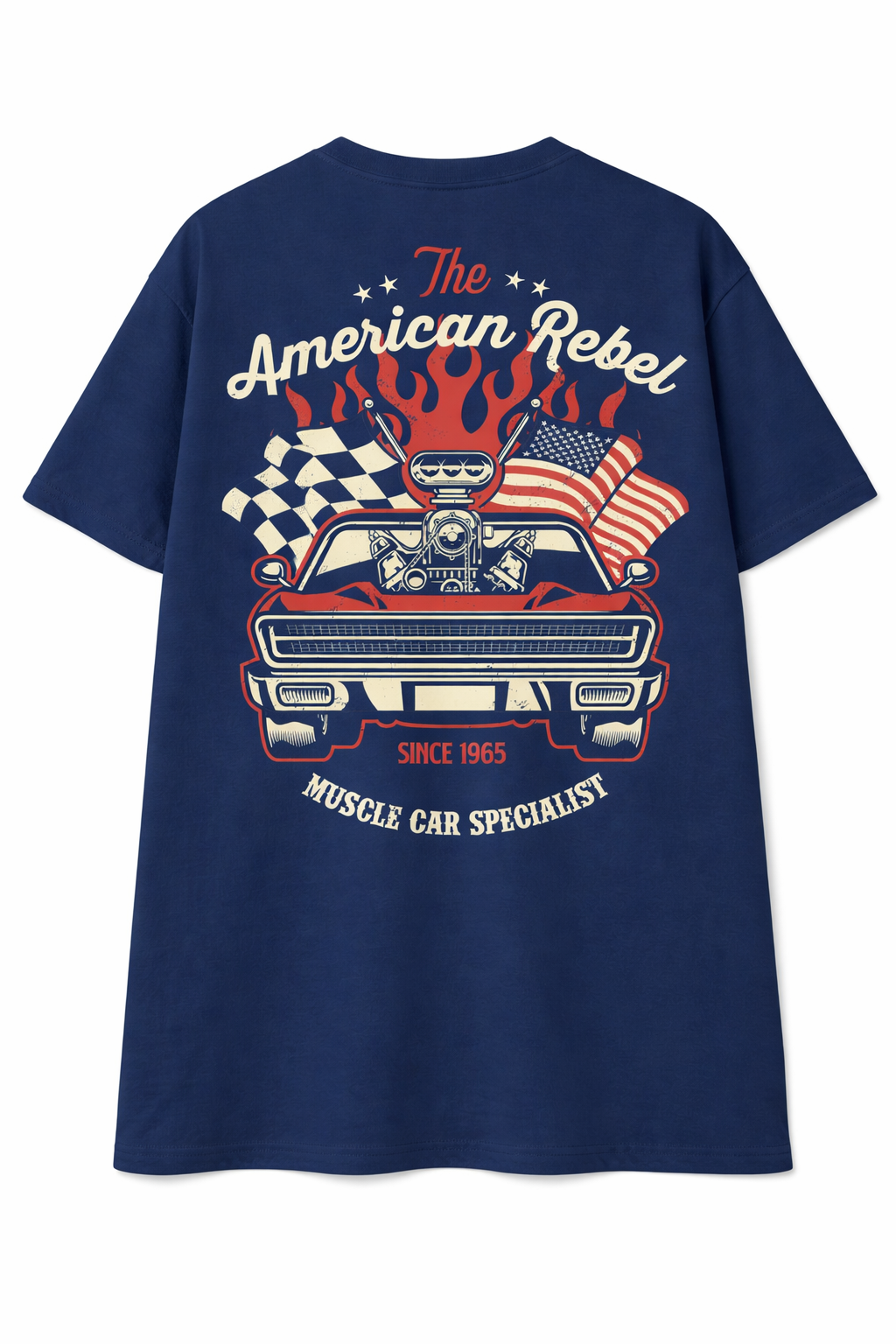 A blue T-shirt featuring a graphic design of a muscle car with American flags, checkered flags, and flames, with text reading 'The American Rebel,' 'Since 1965,' and 'Muscle Car Specialist.'