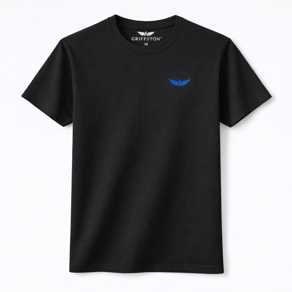 Black T-shirt with a small blue logo of an eagle near the left chest area.