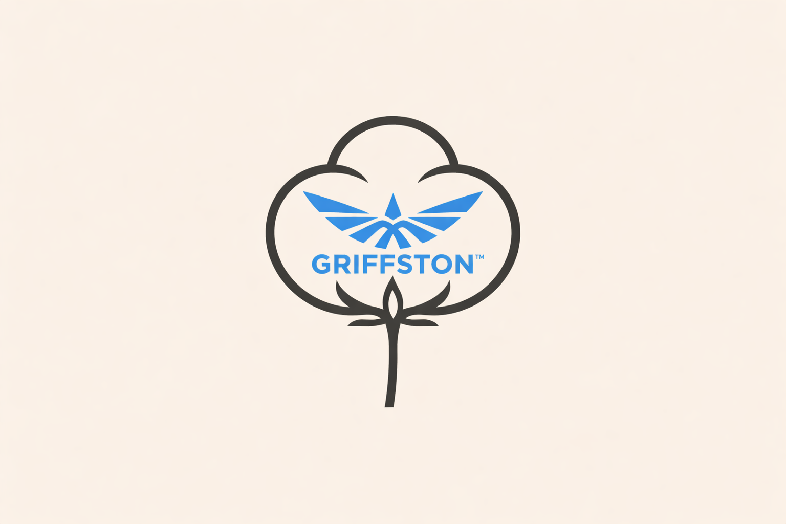A black outline of a cotton plant with a blue bird and the text 'GRIFFSTON' in the center.