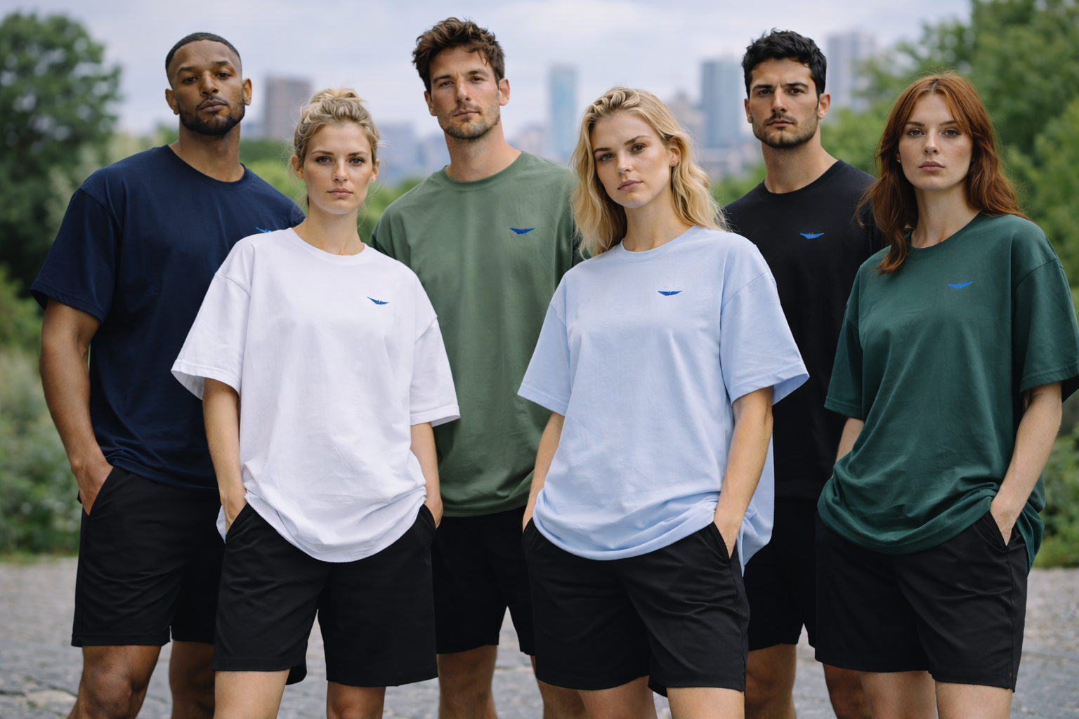 Group of six diverse young adults outdoors, wearing casual t-shirts and shorts, with a city skyline and greenery in the background.
