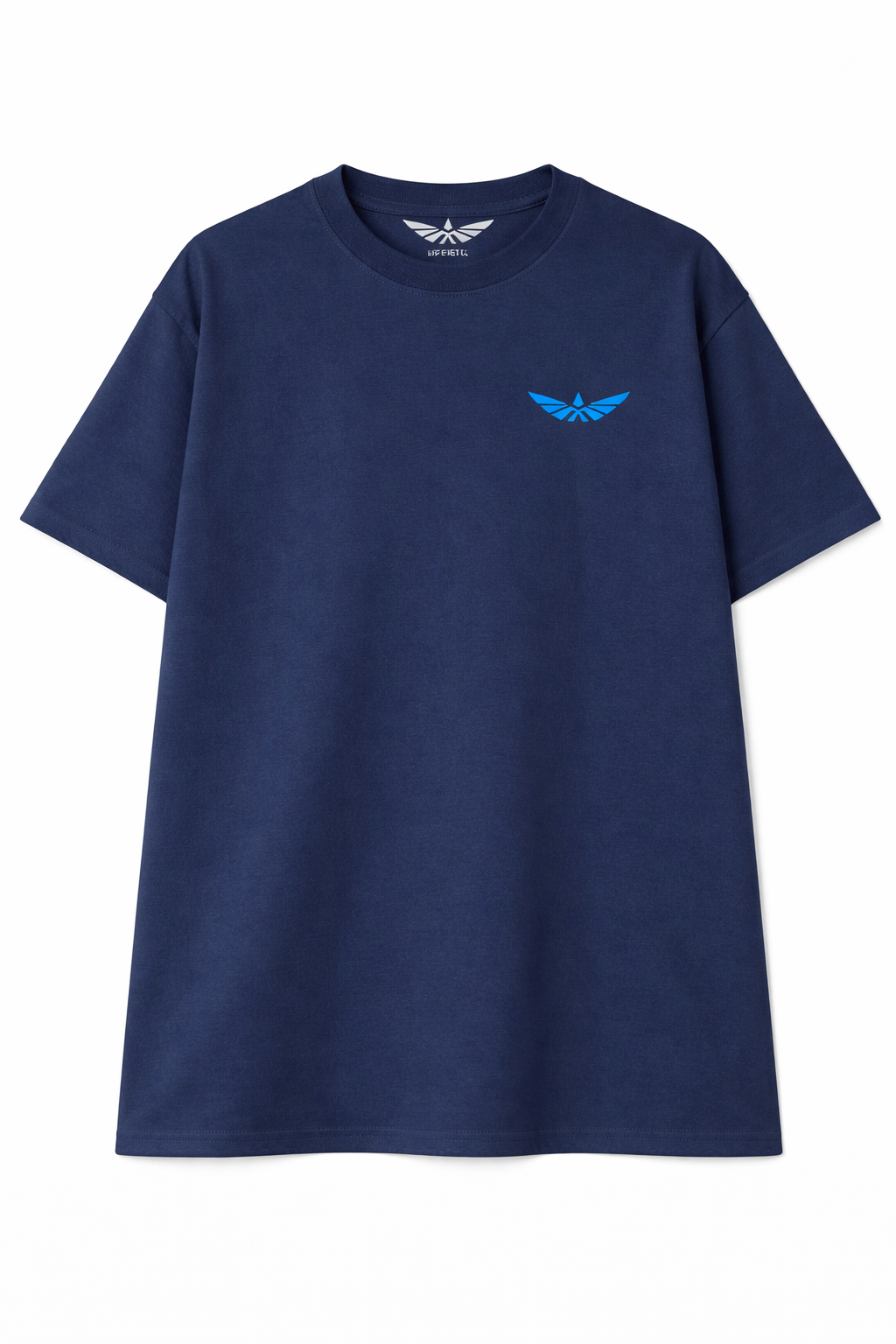 Blue T-shirt with a small logo of a stylized bird in flight on the chest area.