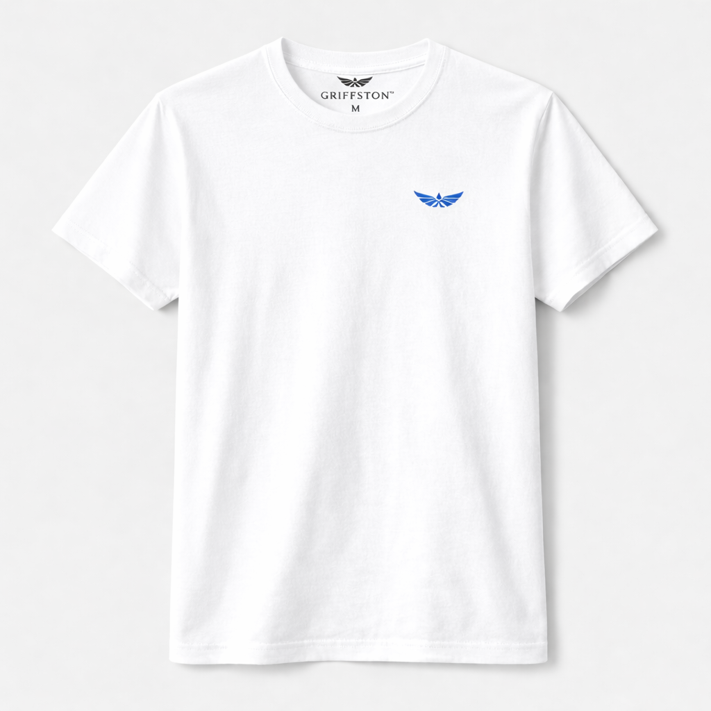 White T-shirt with a small blue logo of wings on the left chest area and a gray Griffston brand label inside the collar.