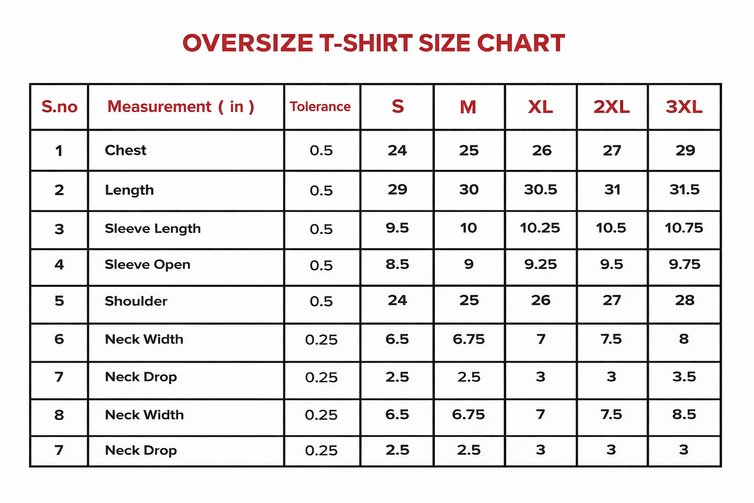 Oversize T-shirt size chart with measurements for chest, length, sleeve length, sleeve open, shoulder, neck width, neck drop, and neck width across sizes S, M, XL, 2XL, and 3XL.