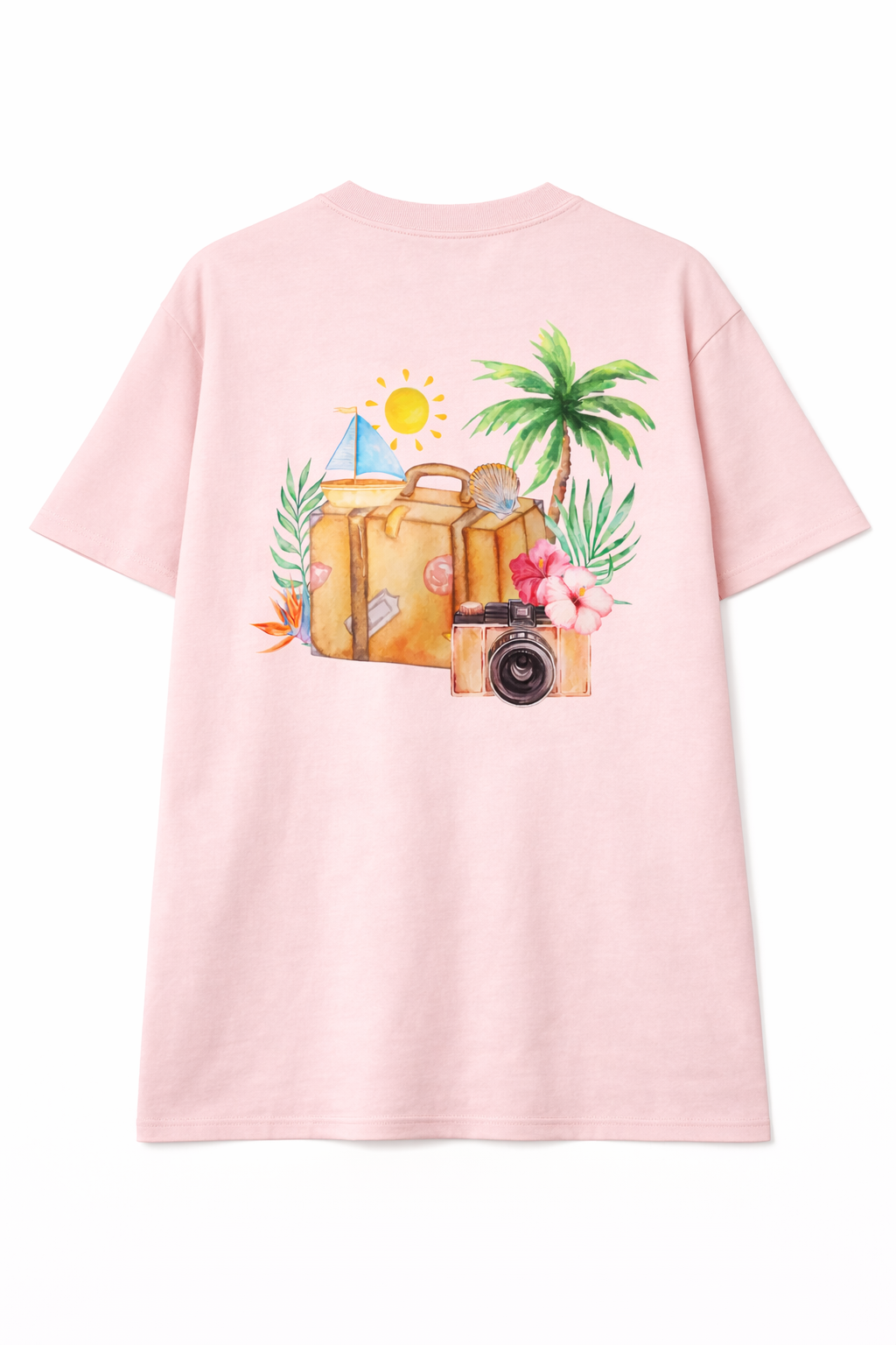 Pink T-shirt with a tropical travel-themed watercolor-style design featuring a suitcase, a sailboat, a seashell, palm tree, camera, and flowers.