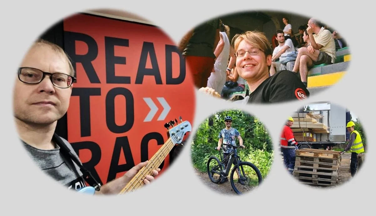 Jyri with bassguitar before gig, Jyri in U2 concert in Milano, Jyri with e-bike and Jyri in construction site.