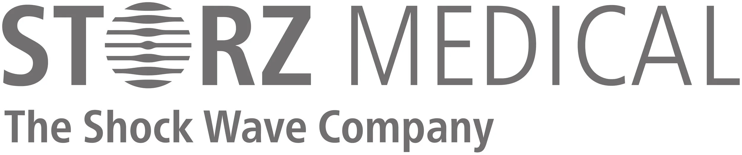 Das Logo von Sterz Medical, bestehend aus dem Firmennamen und dem Slogan «The Shock Wave Company», in Grautönen. Der Anfangsbuchstabe 'S' enthält ein stilisiertes Wellenmuster.
