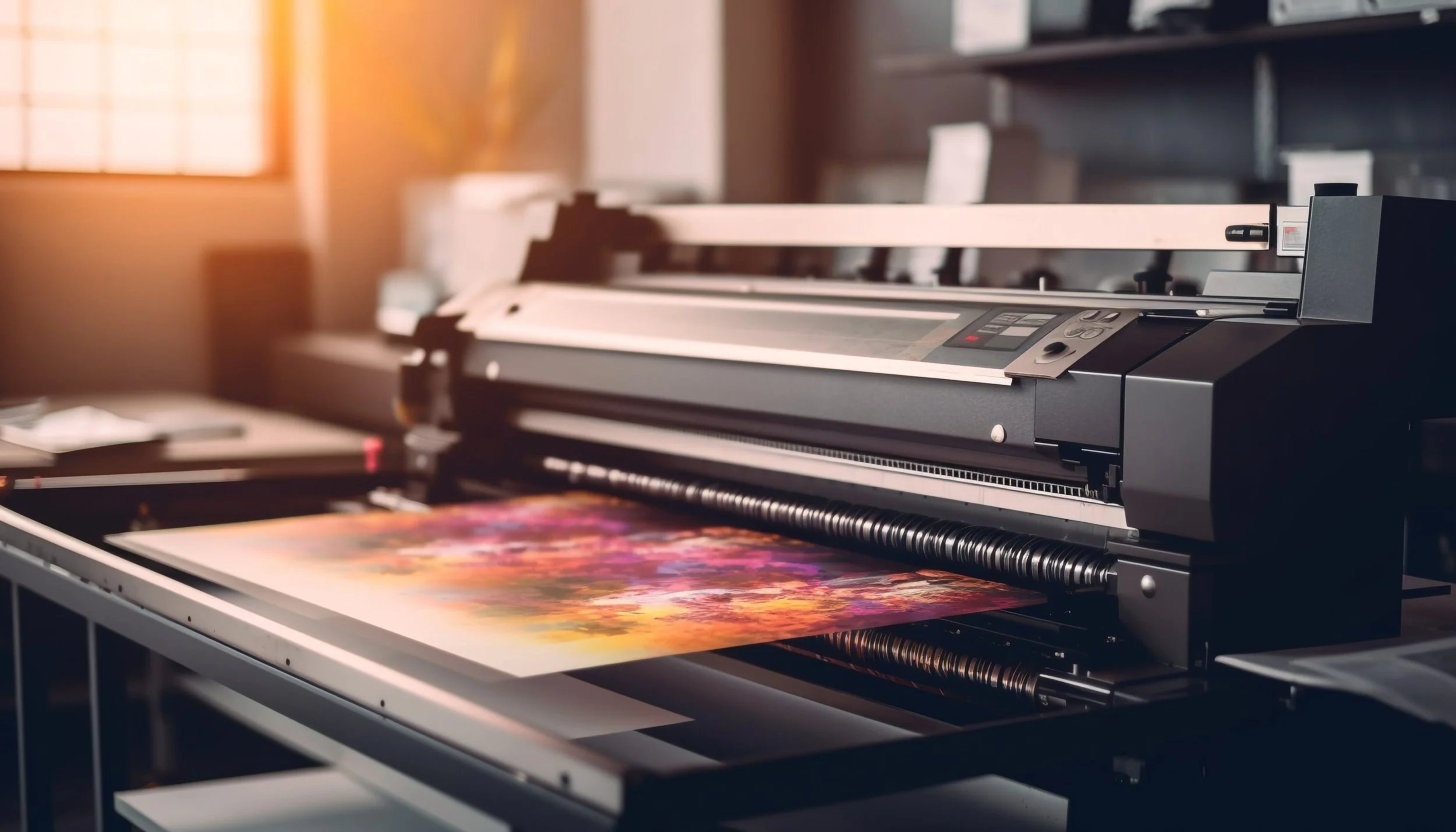 Large digital printer printing vibrant artwork on a flat surface in a well-lit room.