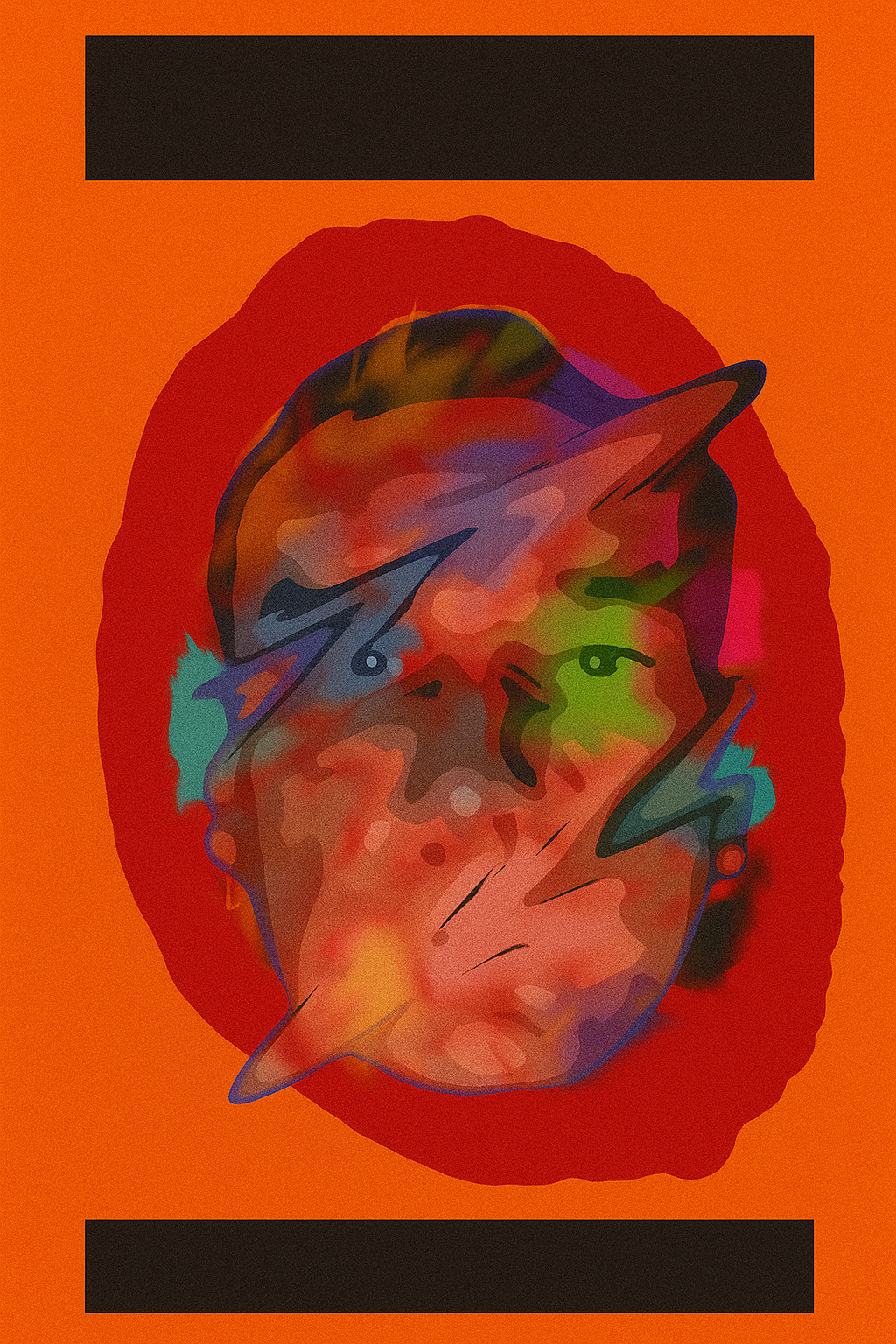 Abstract digital portrait of a person's face with colorful, stylized lightning bolt shapes overlaying the face, set against an orange background with black bars at the top and bottom.