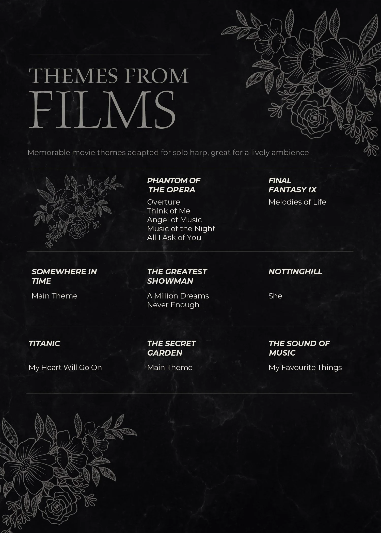 Harp performance repertoire of harpist, Katherine Tay, suitable for solo harp performances. The thematic song list is titled "Themes From Films" and includes titles of popular movie theme songs.