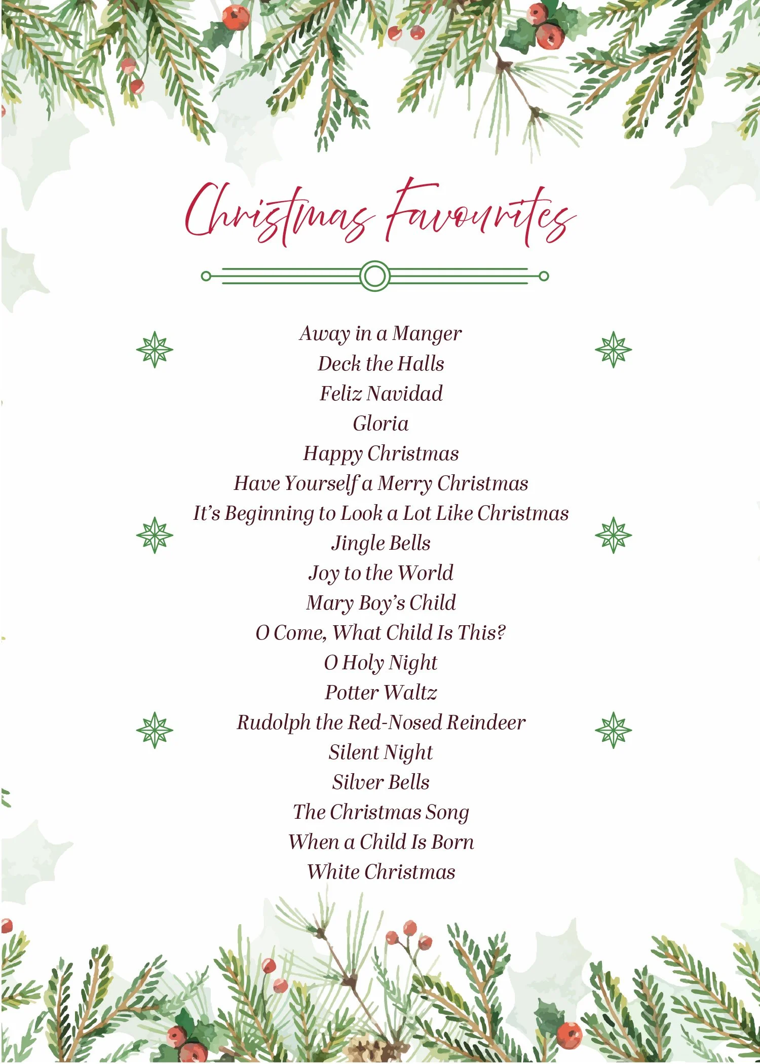 List of Christmas song titles on a festive decorated background with pine branches, holly, and berries.