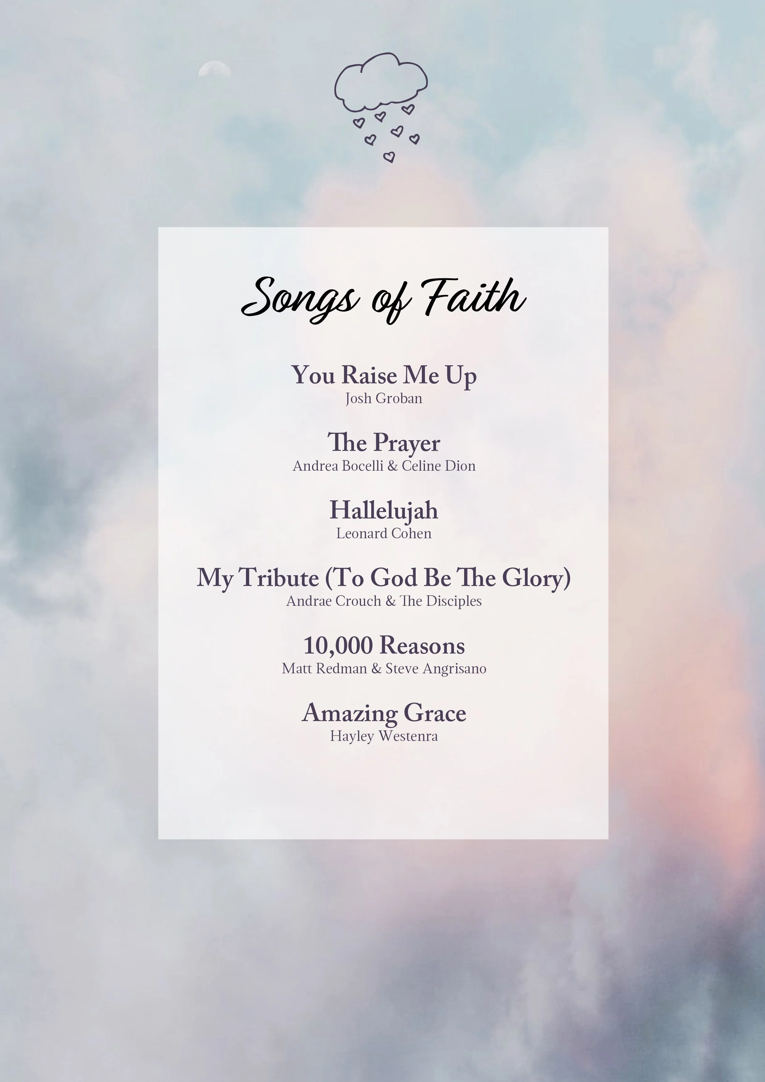 Harp performance repertoire of harpist, Katherine Tay. A thematic song list titled 'Songs of Faith' featuring religious songs, with a soft pastel background. Suitable for weddings and other events.
