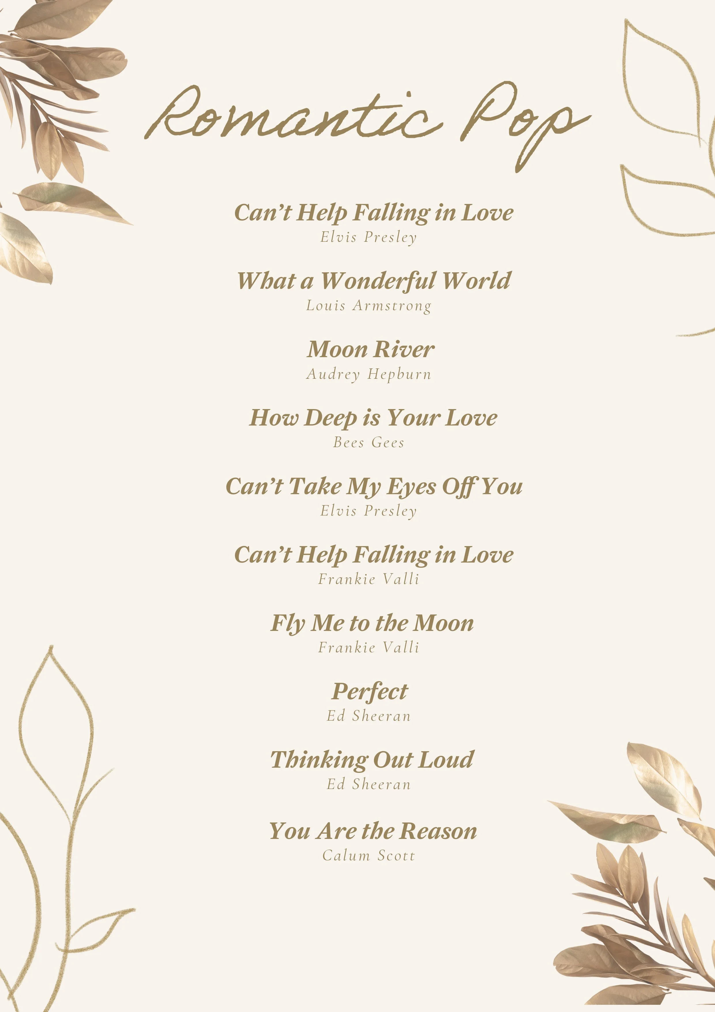 Harp performance repertoire of harpist, Katherine Tay. The thematic song list includes romantic popular songs.