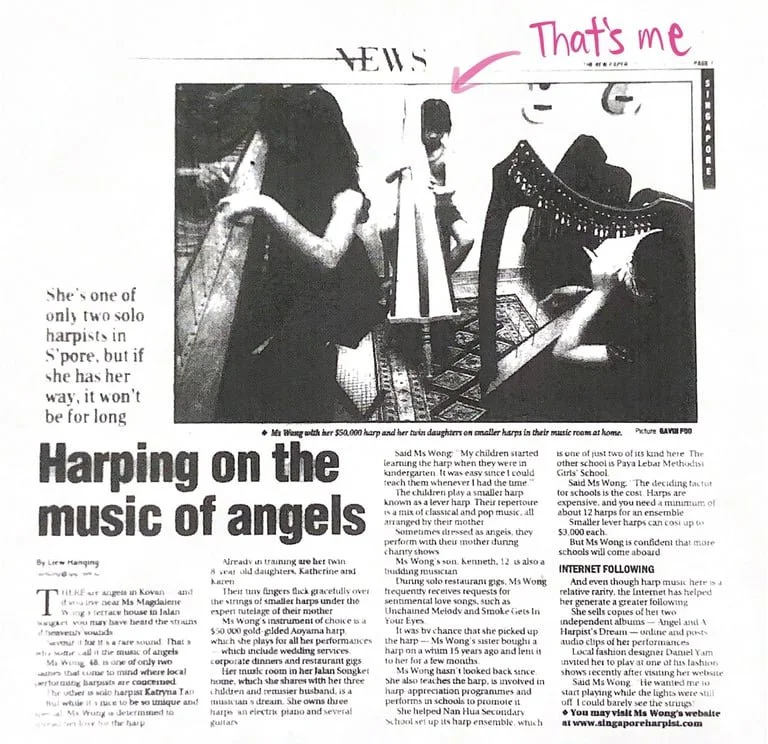 Newspaper clipping of harpist Katherine Tay, with her family of harpists.