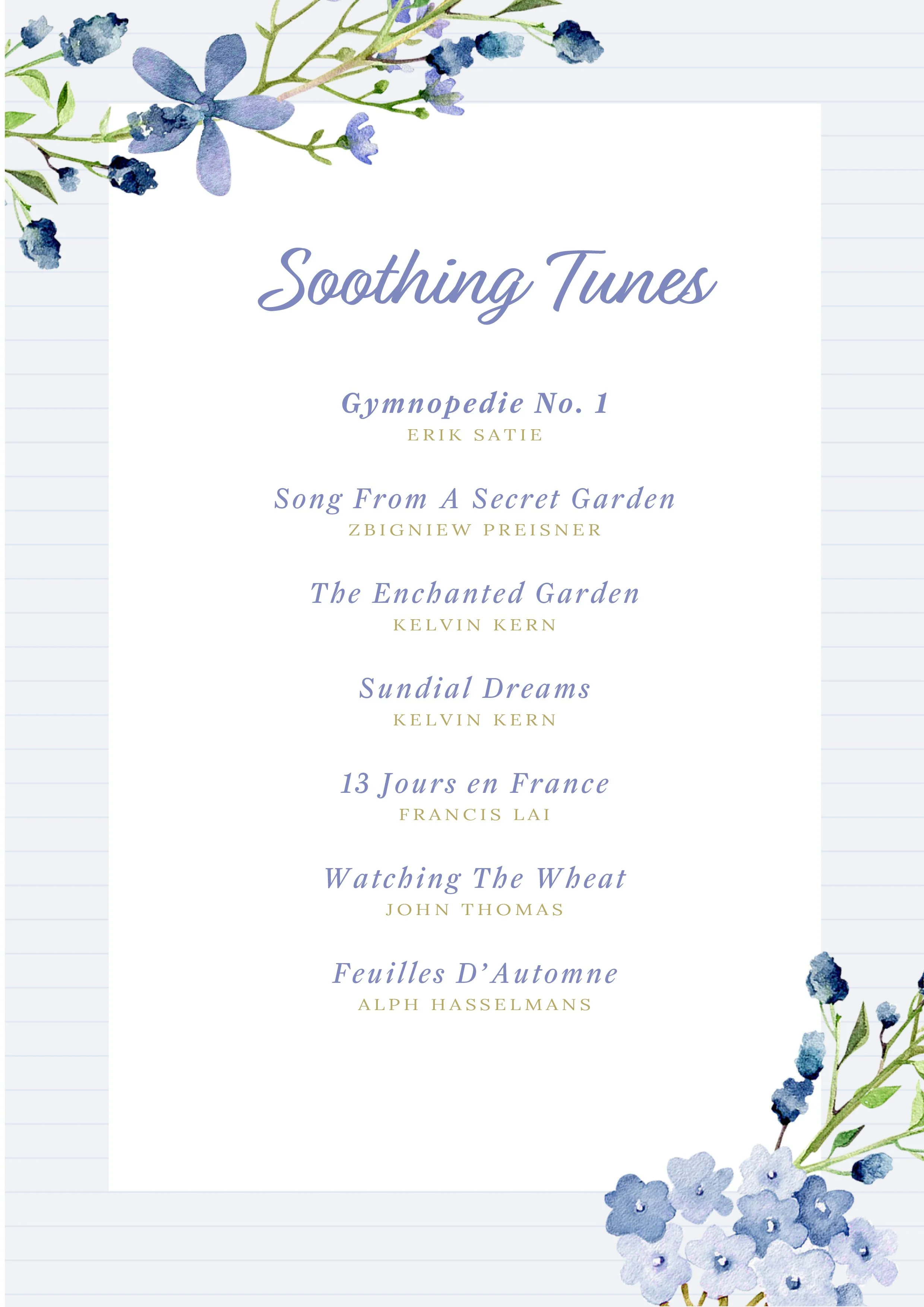 Harp performance repertoire of harpist, Katherine Tay.  The thematic song list is titled "Soothing Tunes", featuring numerous quiet and melodic songs suitable for weddings and other events.