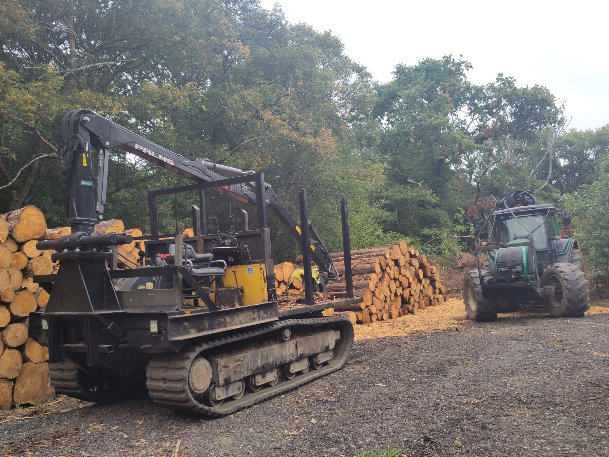 Timber stacks with tracked dumper and Valtra forwarder