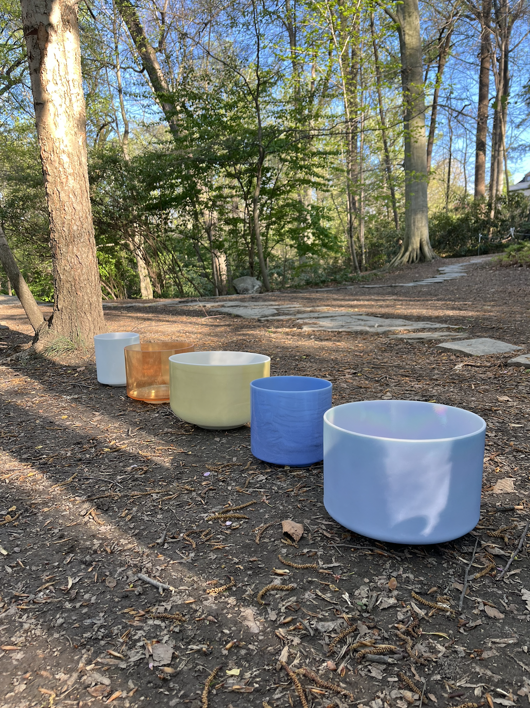 Colorful crystal singing bowls arranged on a dirt path in a wooded area with trees and a stone pathway.