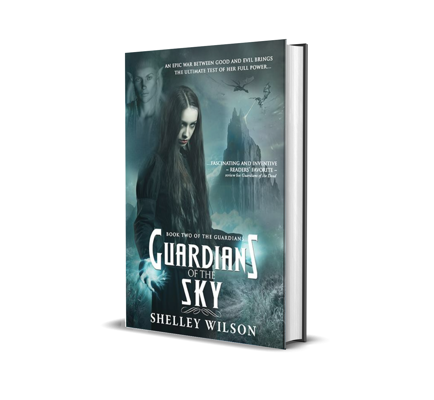 Cover of the book 'Guardian of the Sky' by Shelley Wilson, featuring a dark-haired woman with elves and dragons in a fantasy landscape.