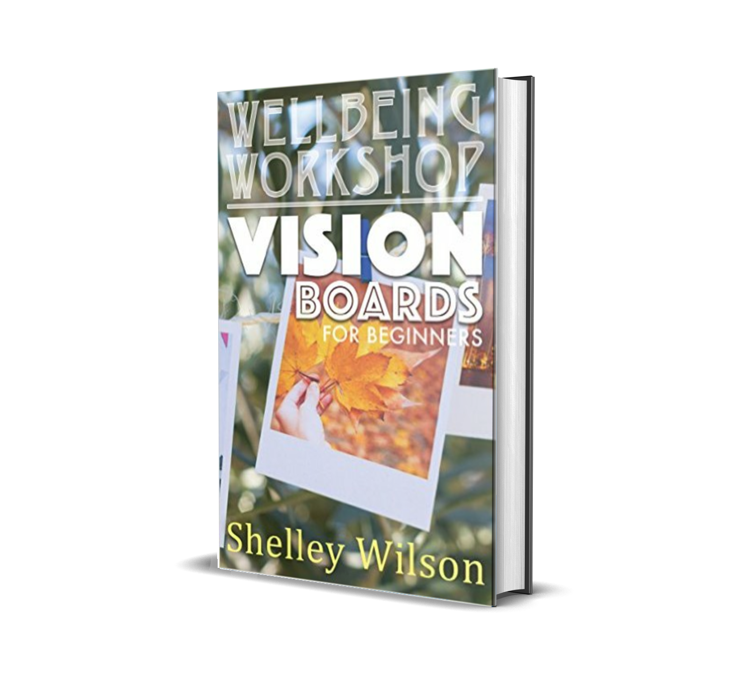 Book titled 'Vision Boards for Beginners' by Shelley Wilson with a cover featuring autumn leaves and a Polaroid-style photo.