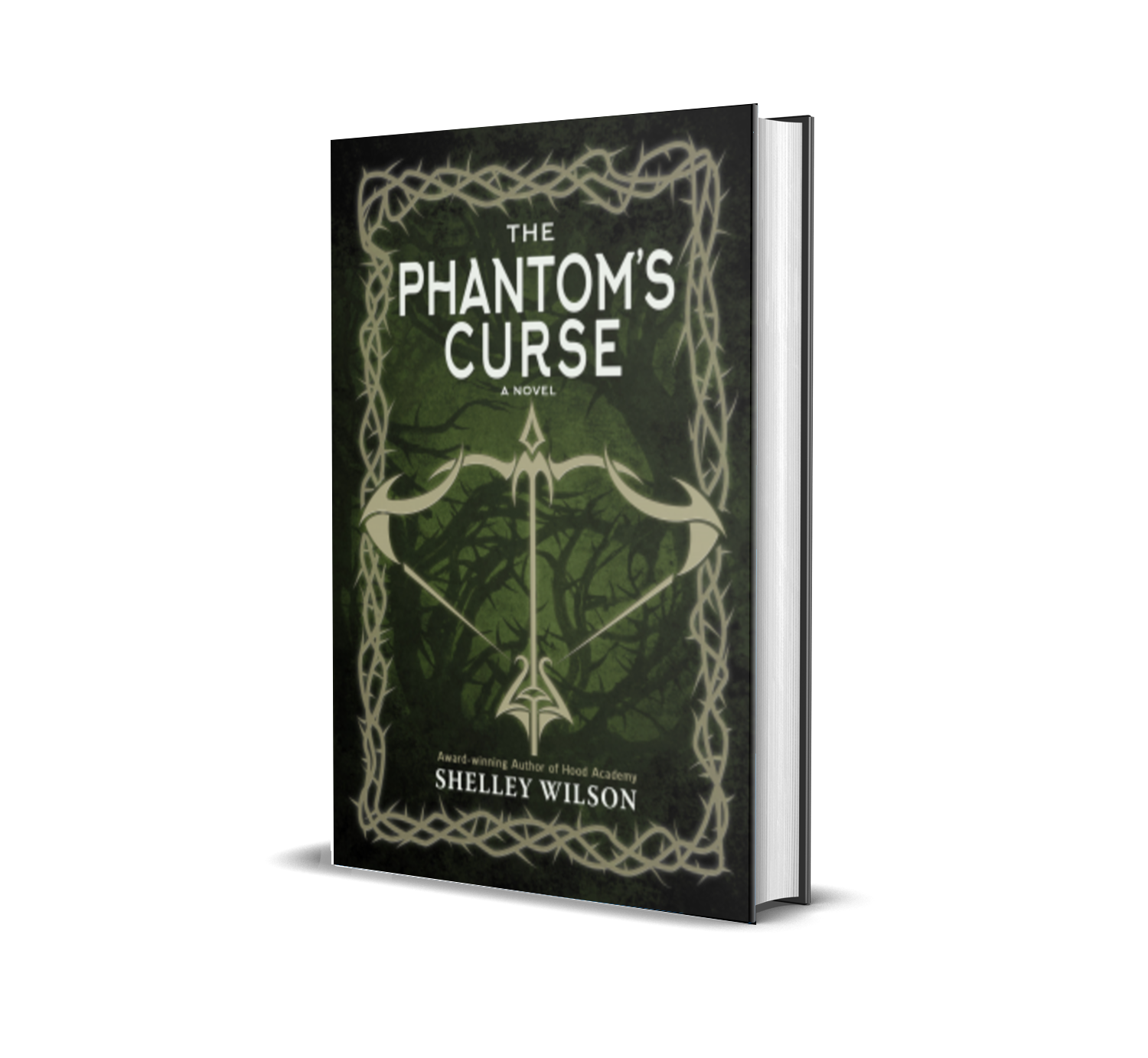 Cover of the book titled 'The Phantom's Curse' by Shelley Wilson, featuring a dark green background with a forest scene and a white bow and arrow symbol.