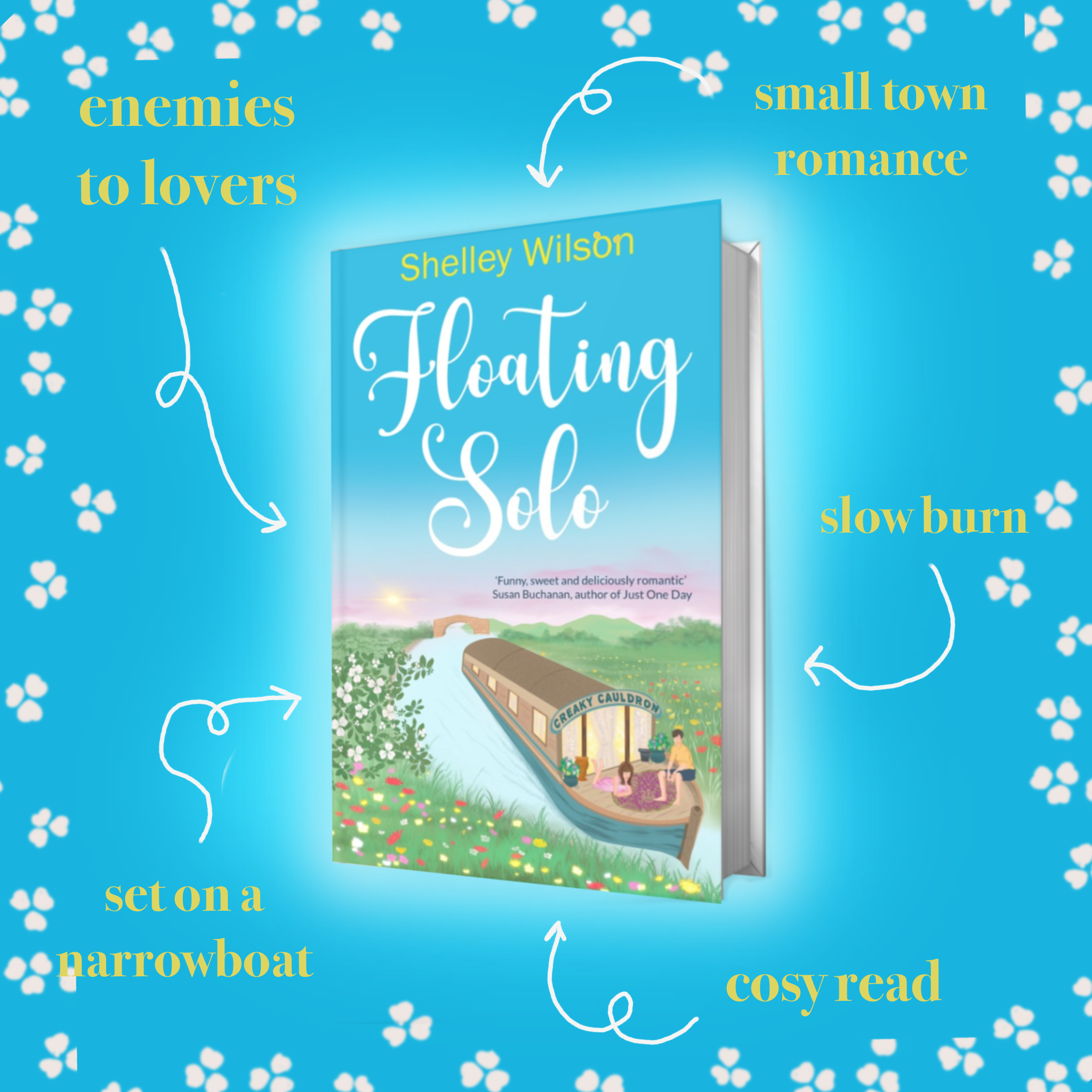 Book Cover of 'Floating Solo' by Shelley Wilson, with annotations highlighting the themes of small town romance, enemies to lovers, slow burn, cozy read, set on a narrow boat.