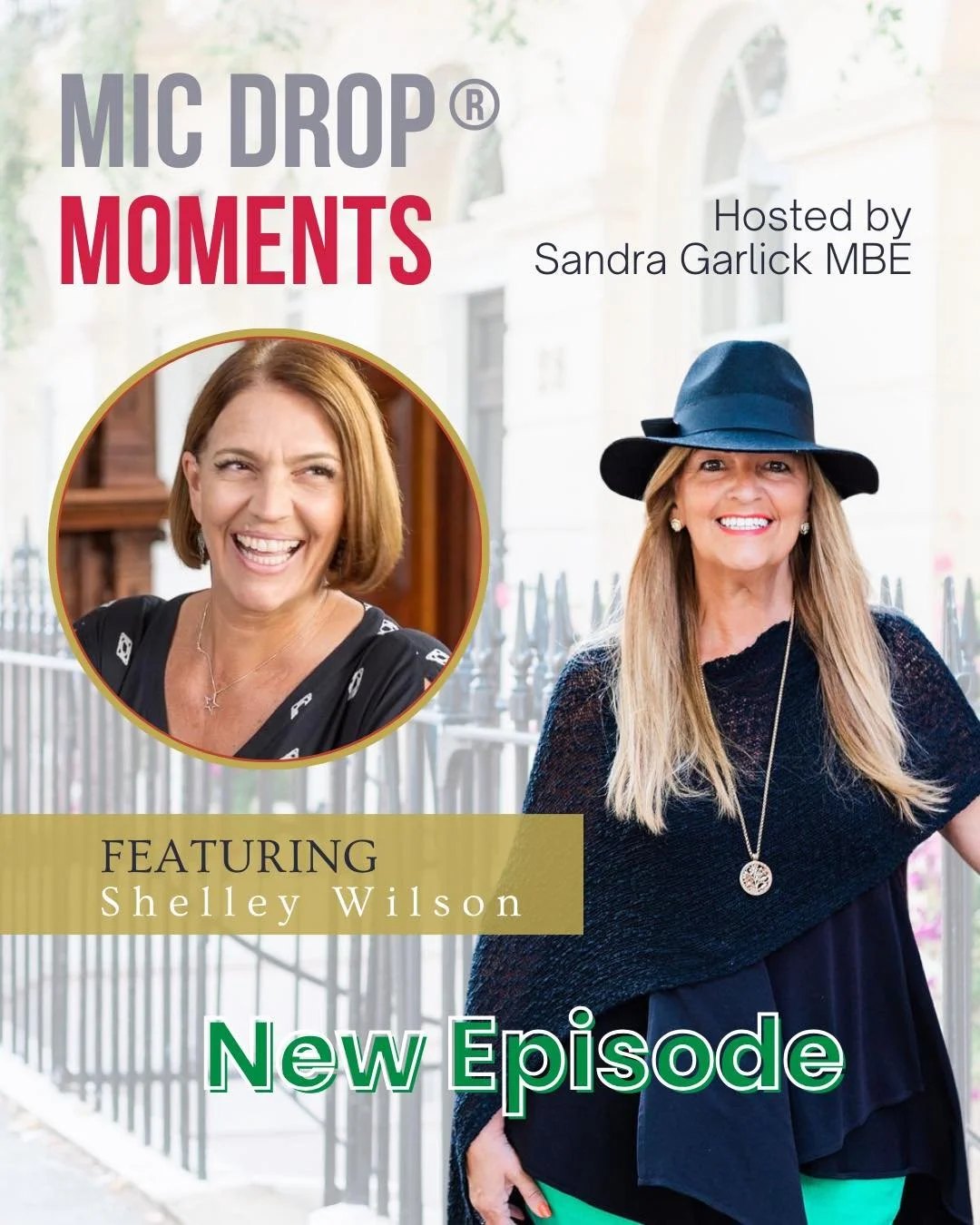 Podcast cover for 'Mic Drop Moments' hosted by Sandra Garlick MBE, featuring Shelley Wilson, with the text 'New Episode' over a city street background.
