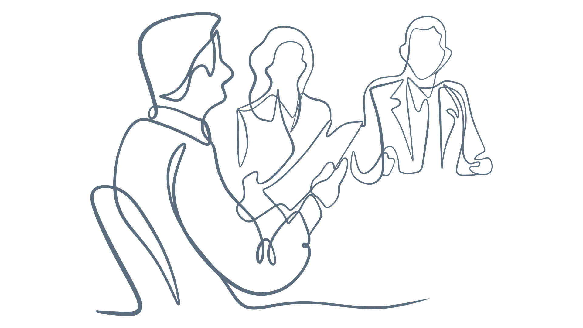 Line illustration of three people in a professional discussion