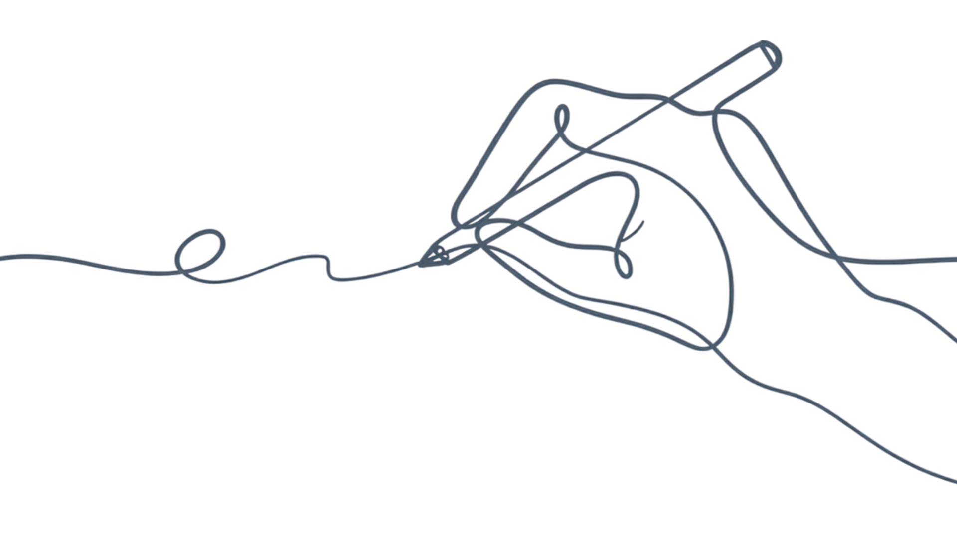 Line illustration of a hand writing with a pen, symbolising craft and storytelling