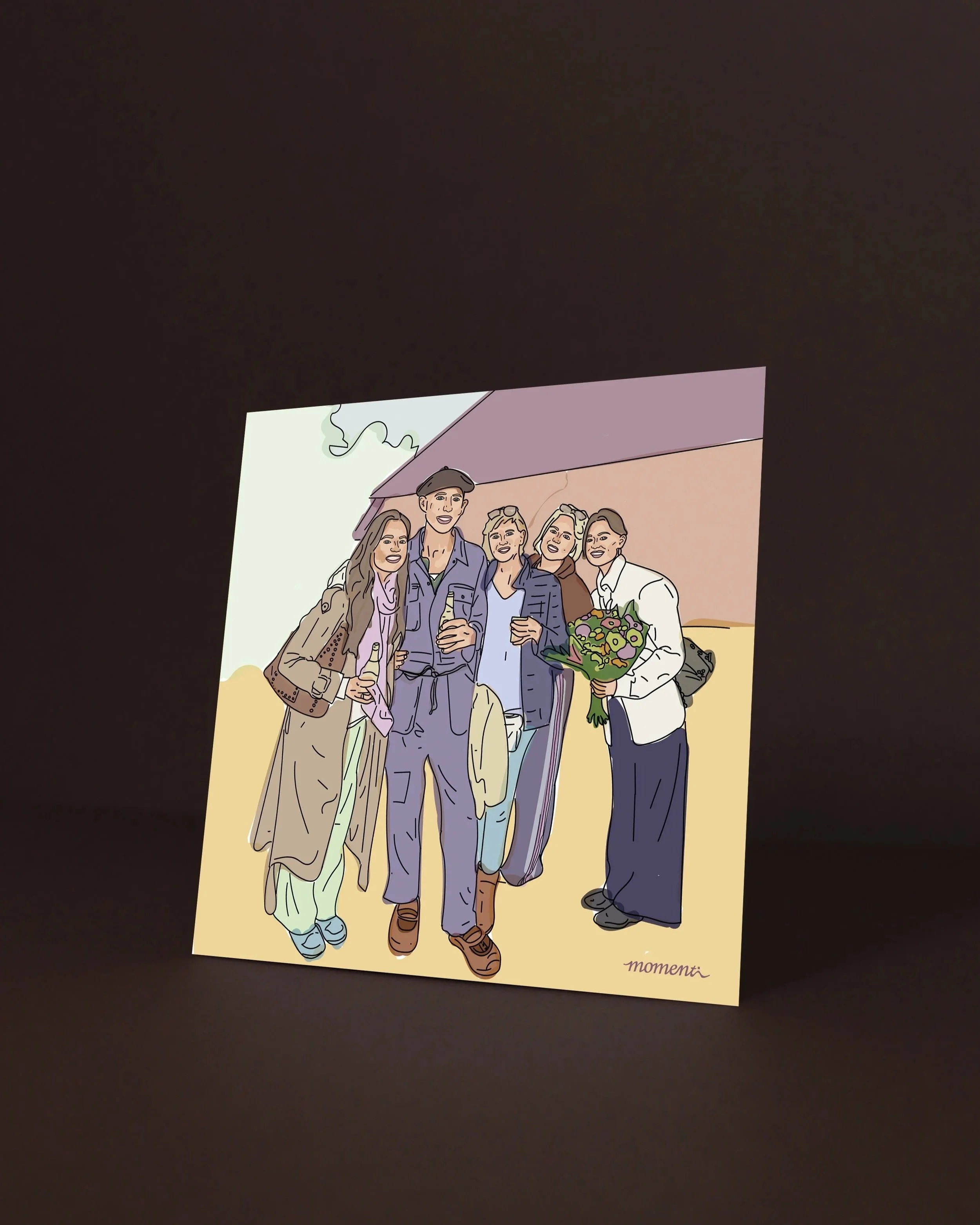 Een tekening van vijf mensen die samen lachen, vier vrouwen en één man, waarbij een van de vrouwen een bos bloemen vasthoudt en één man een drankje vasthoudt.