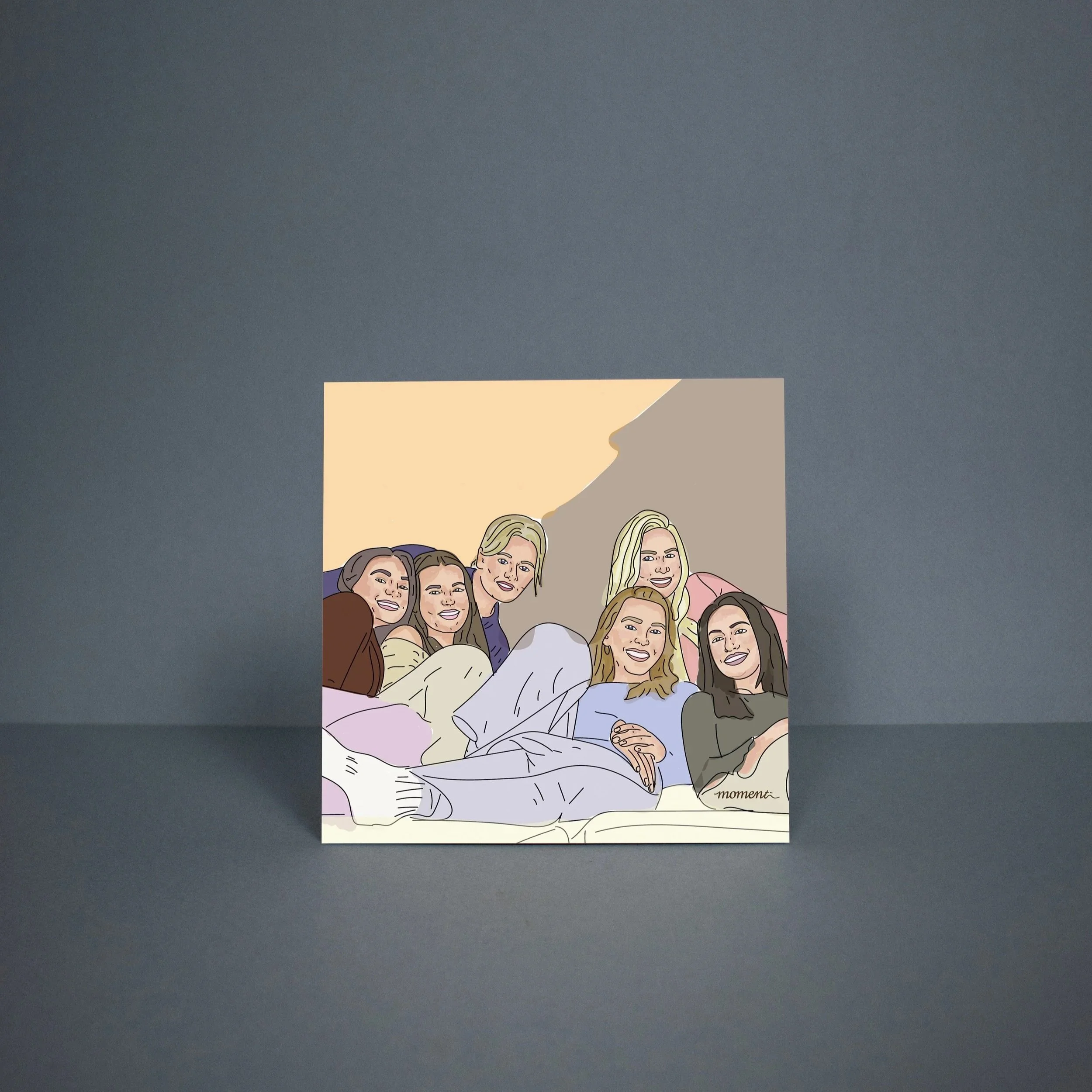 Een schetsachtige illustratie van zeven vrouwen die samen poseren, met een lichte achtergrond en schaduw aan de rechterkant.