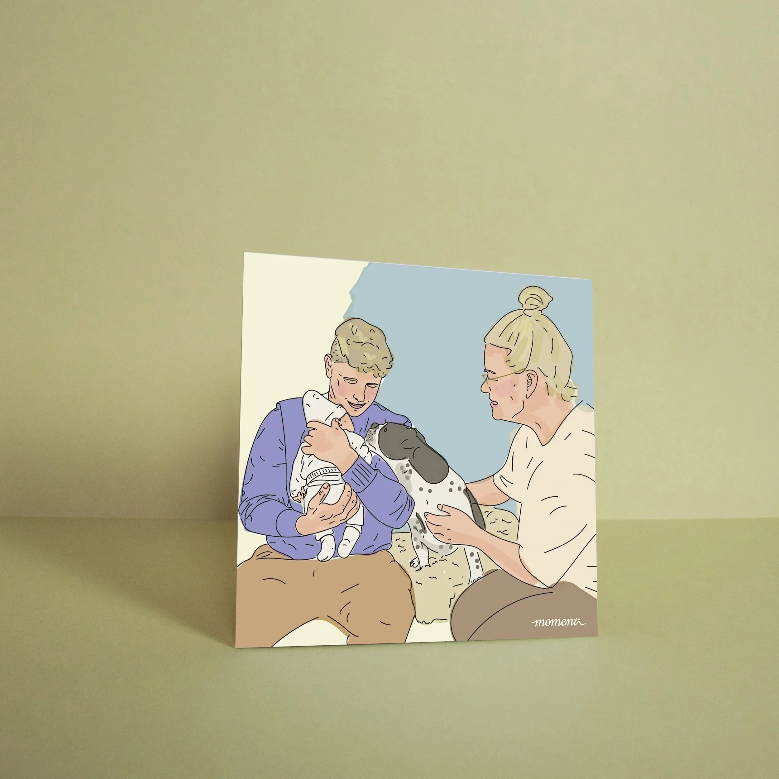 Een tekening van twee mensen met een hond en een baby die een liefdevolle omhelzing delen.