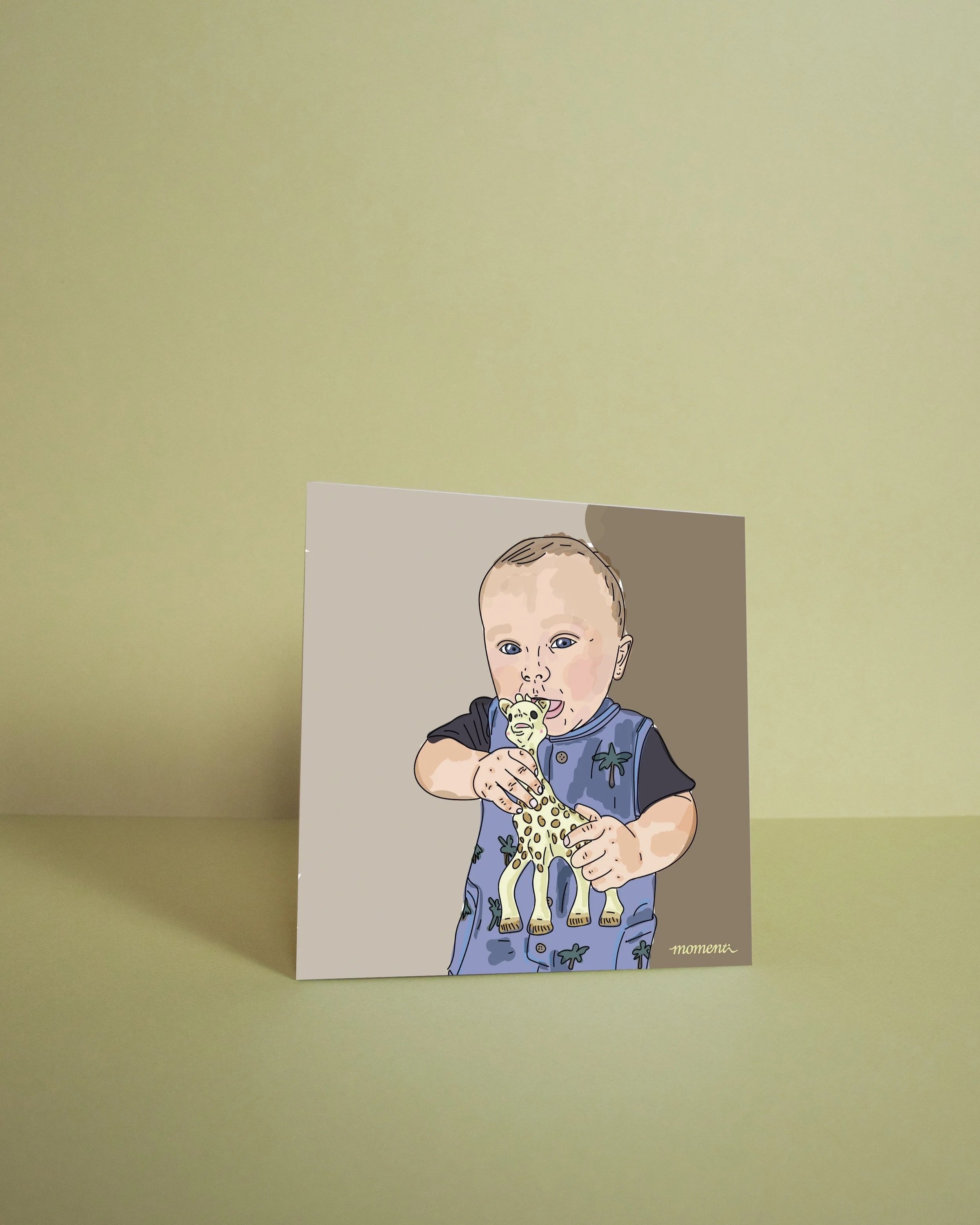 Kaart met illustratie van een jonge baby die een giraffe knuffel vasthoudt.