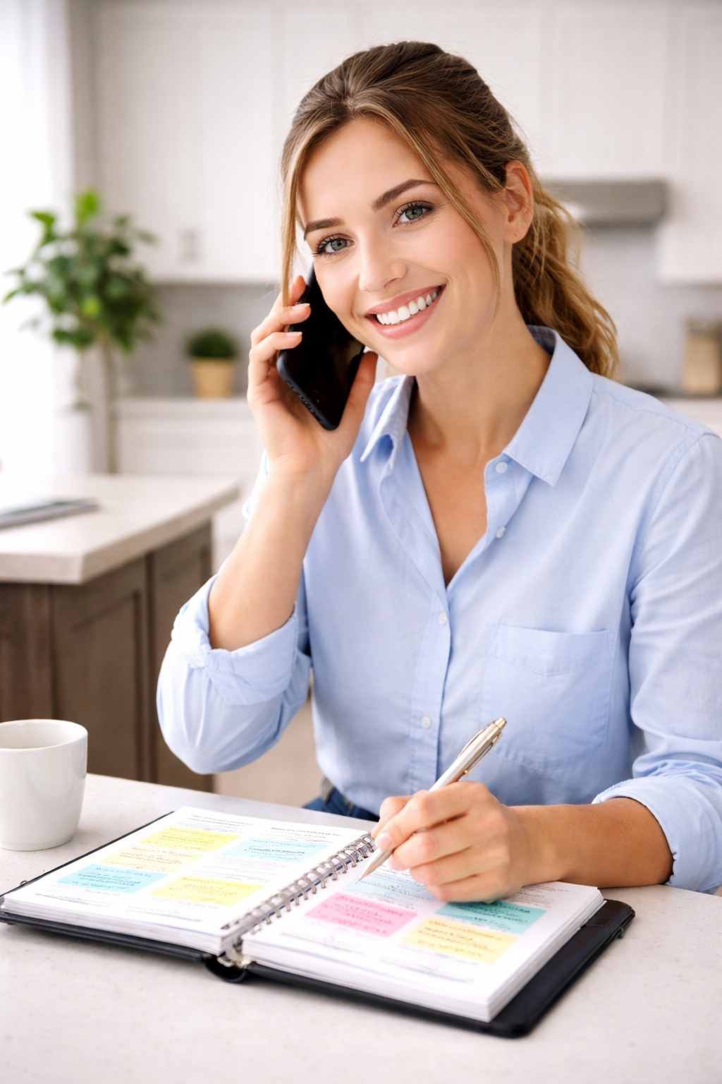 A woman with light brown hair in a ponytail, smiling while talking on a smartphone, sitting at a white table with a planner or notebook, a pen, a coffee mug, and a bright background with plants.