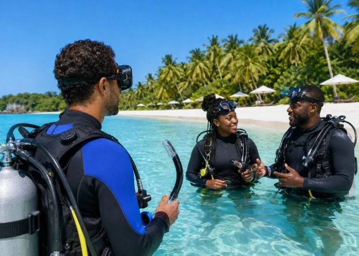 Divers converse at a tropical beach before a dive.jpeg