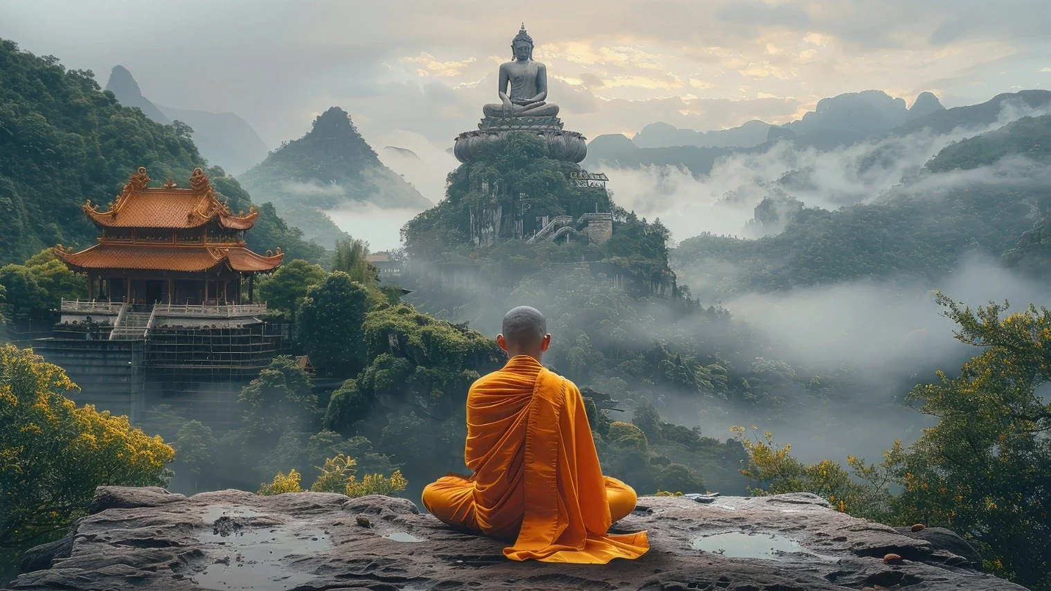Buddhist monk meditating on a rocky overlook, facing mist-covered green mountains, with a distant Buddha statue and temple creating a serene spiritual landscape.