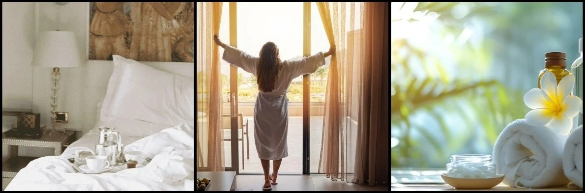 Triptych of relaxing morning scenes: a tidy bed with breakfast tray, woman opening curtains at sunrise, and toiletries with towels and a flower.