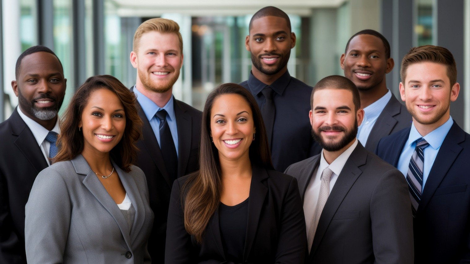 Diverse group of business professionals standing together in an office setting, smiling confidently in professional attire, representing teamwork and leadership.