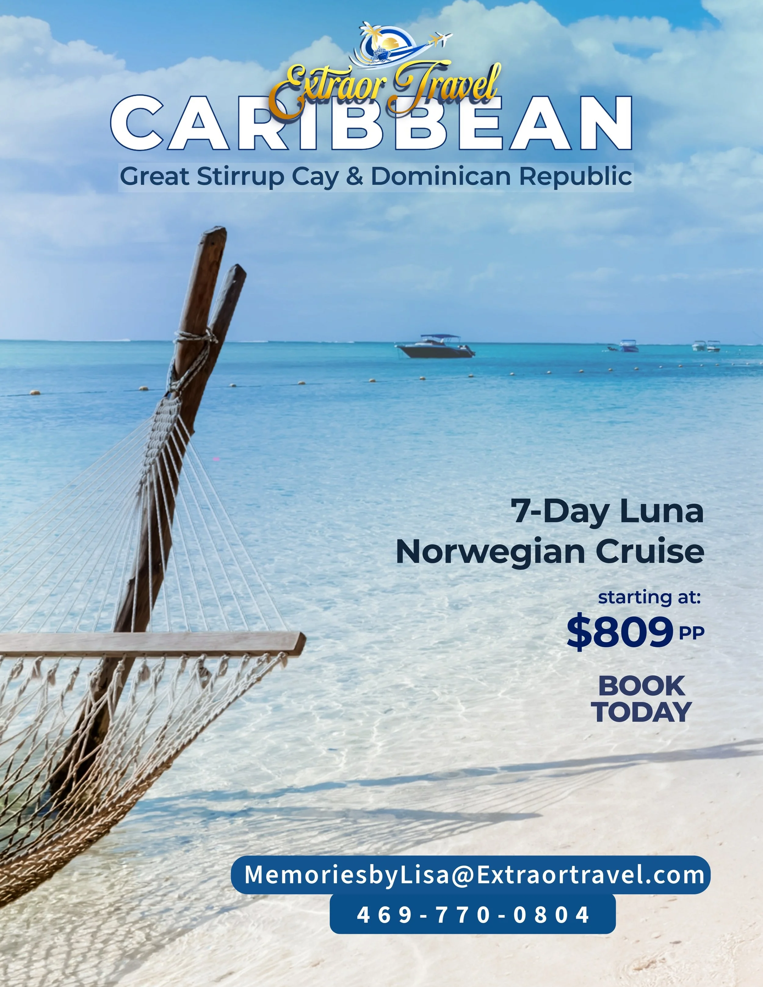 A travel advertisement featuring a hammock on a pristine beach overlooking clear blue water, promoting a 7-day Norwegian cruise to the Caribbean starting at $809 per person, with contact information for Extraor Travel.