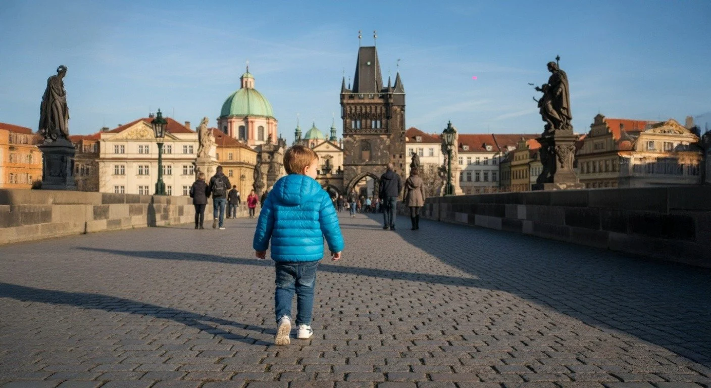 Young boy in a blue puffer jacket walks on the cobblestone Charles Bridge toward Old Town Bridge Tower in Prague under a clear blue sky.