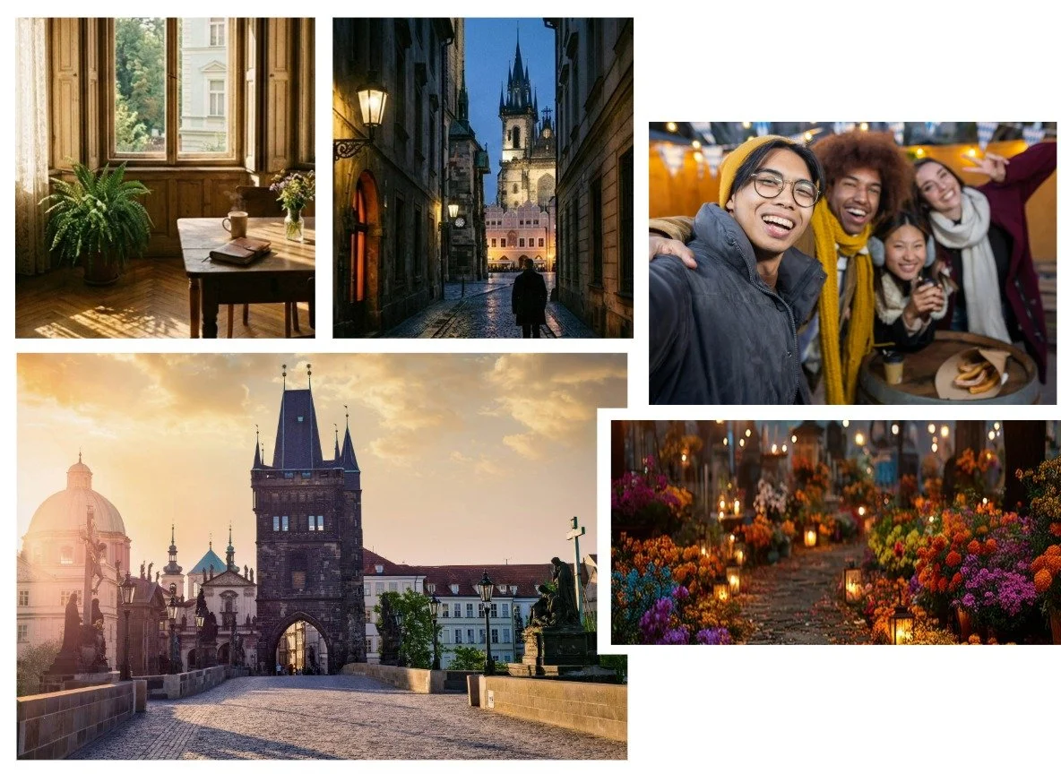 Gemini said Collage "Joys of Prague": Cozy sunlit room, night street to Tyn Church, friends at a market, Charles Bridge at sunset, and a glowing flower path.