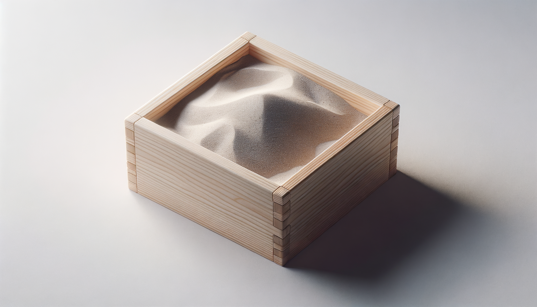 A wooden box filled with white sand, casting a shadow on a light background.