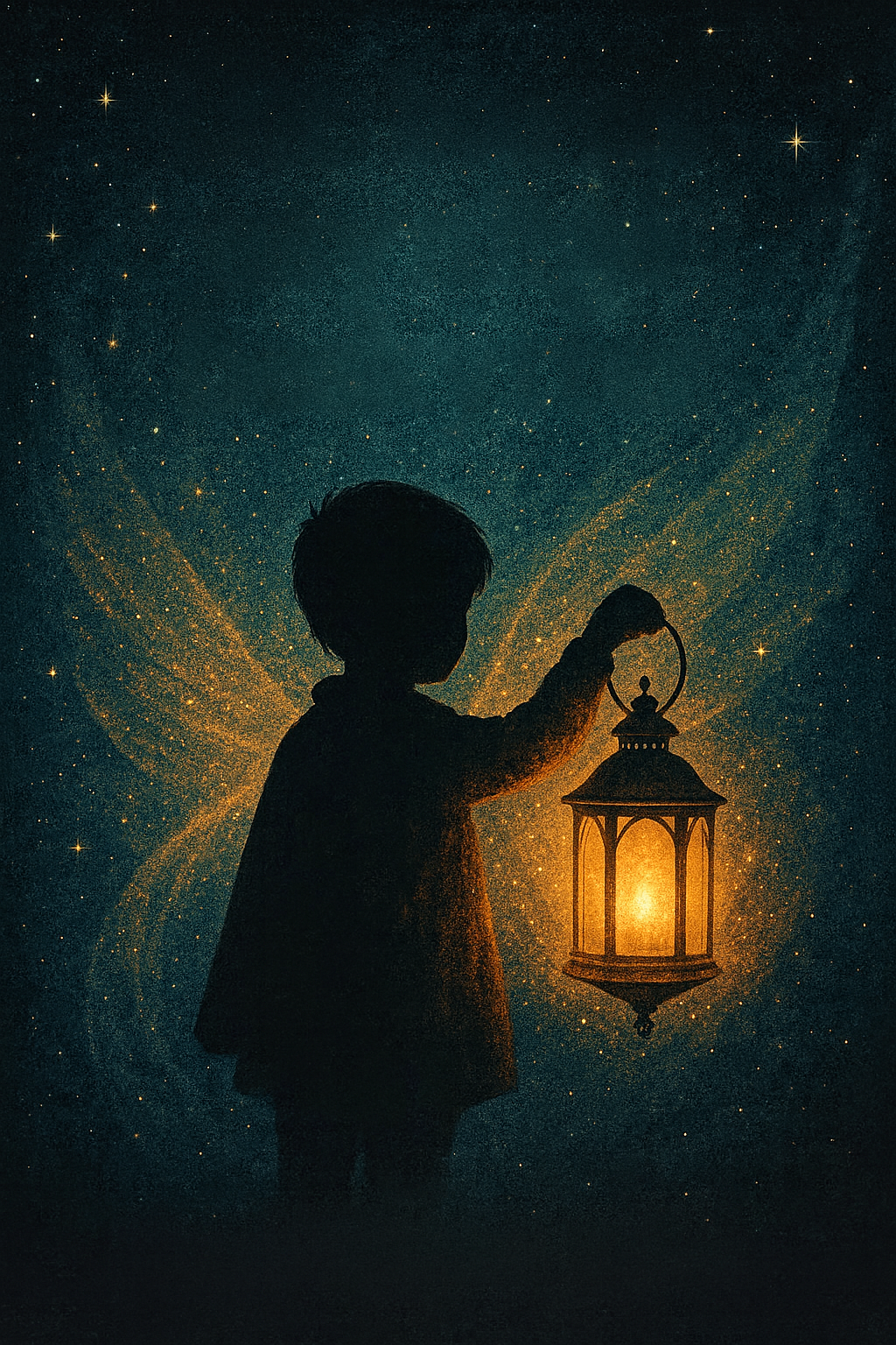 A silhouette of a child holding a lantern against a starry night sky with a faint aurora or cosmic dust.