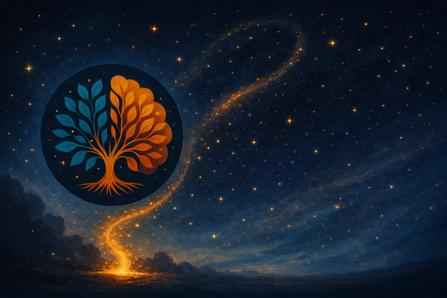 A starry night sky with a glowing path of light leading to the horizon, featuring a logo of a tree with orange and blue leaves inside a black circle.