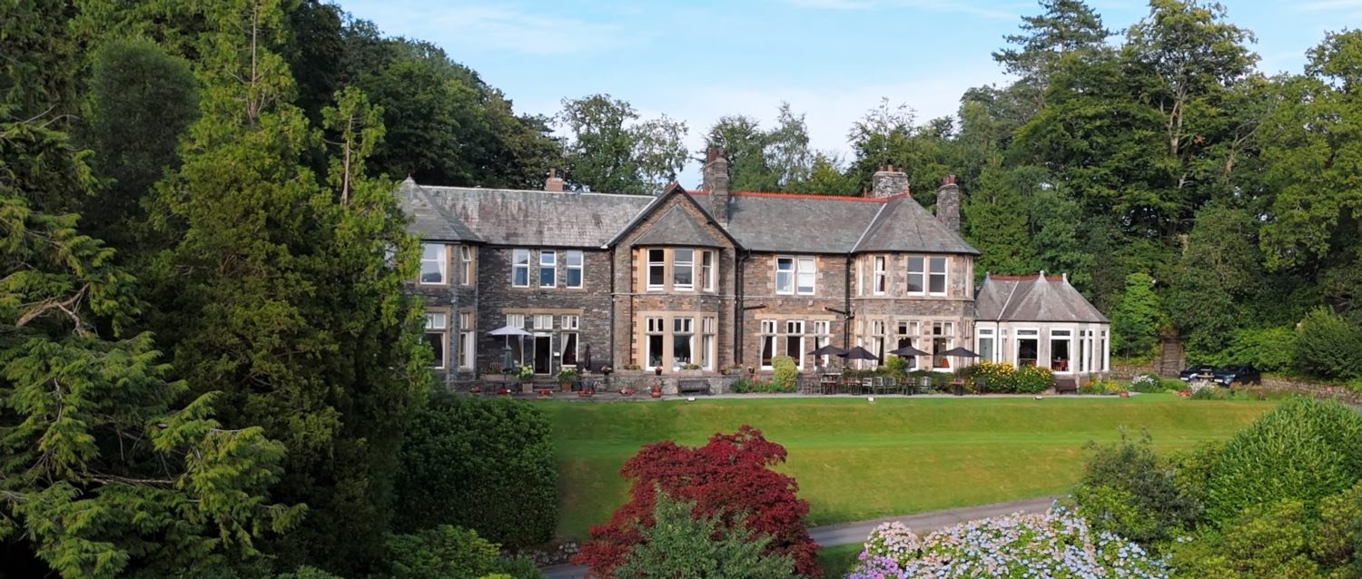 A drone shots of The Merewood Country House Hotel in Windermere, Lake District.