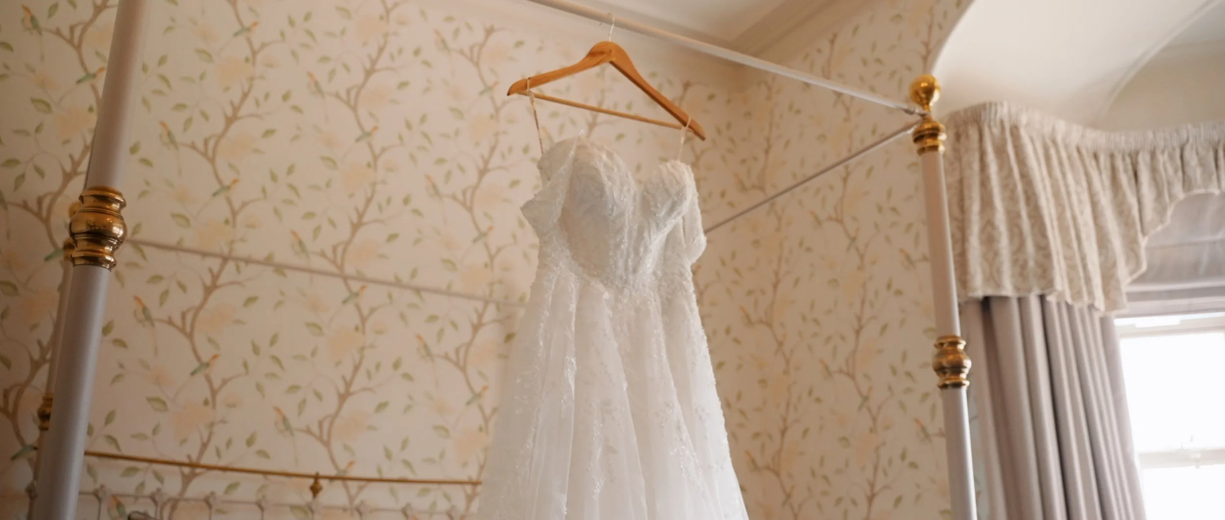 A white wedding dress from a wedding film