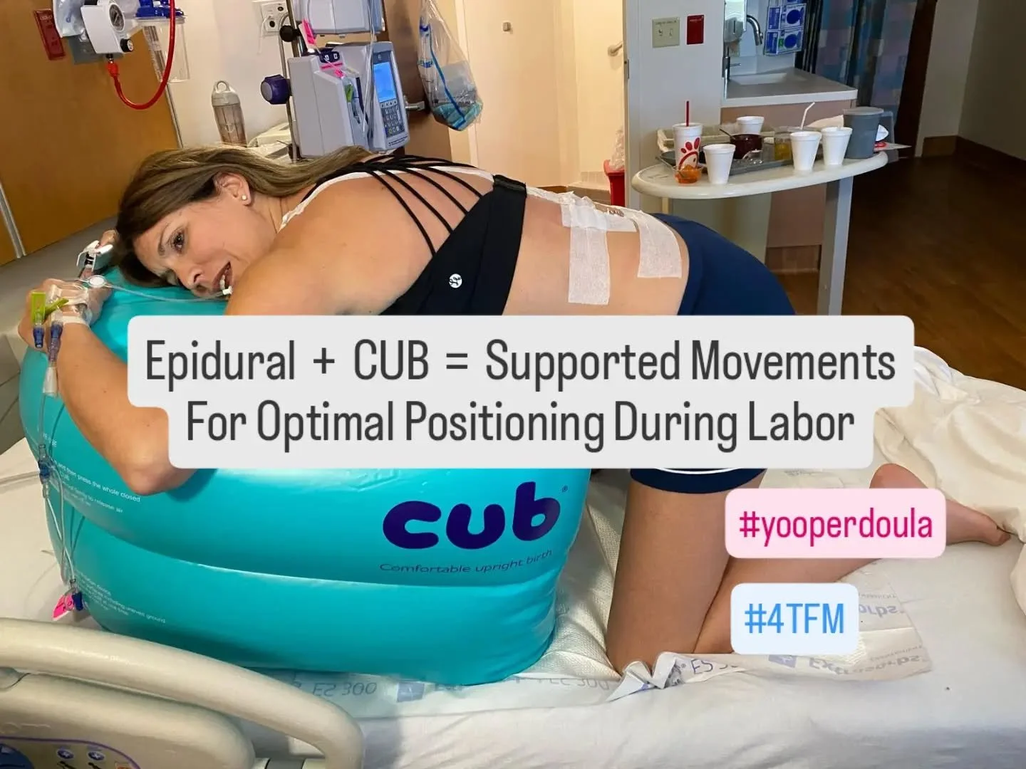 Even with an epidural, frequent position changes are very important. "Gravity is your best friend!"

The CUB offers:

🌼 Support with gravity and movement while providing stability!

🌼 You can rest in hands and knees without holding up you