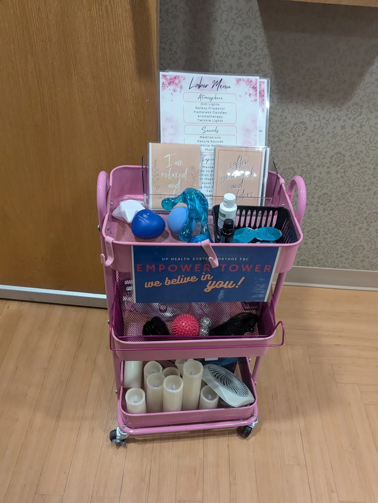 Labor card filled with comfort measures for a hospital birth in Marquette.