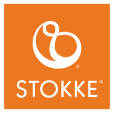 Logo orange avec un symbole blanc et le texte 'STOKKE' en blanc