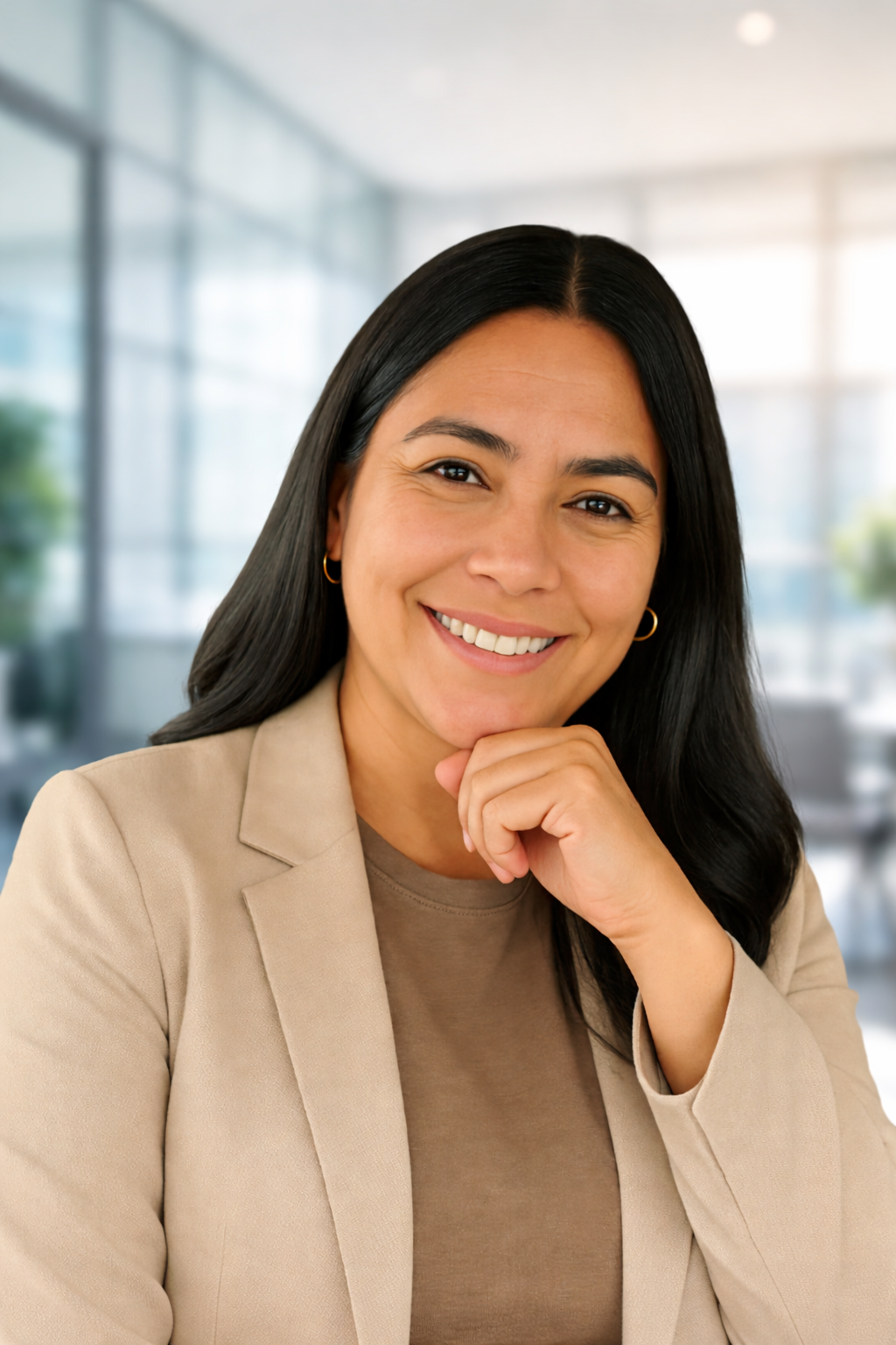 Smiling woman with long dark hair, wearing a beige blazer, in a modern office setting.