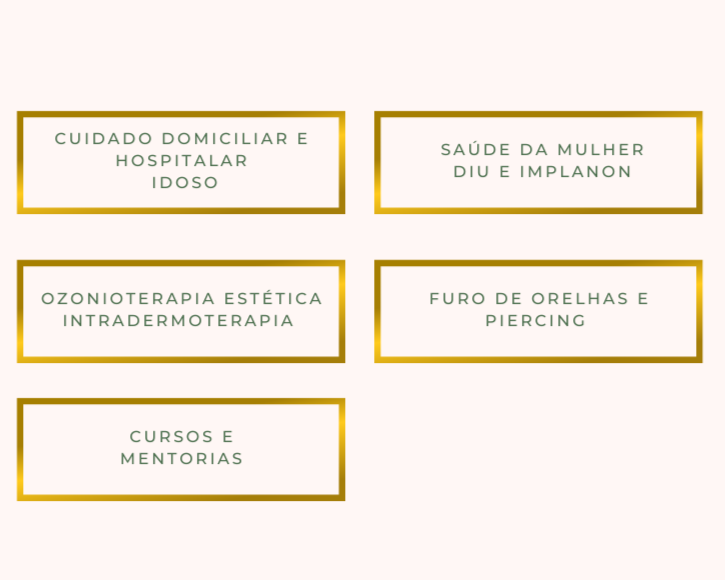 Quadro com cinco áreas de serviços relacionados à saúde e estética, incluindo cuidados domiciliares de idosos, saúde feminina, ozonioterapia estética, furto de orelhas e piercing, além de cursos e mentorias.